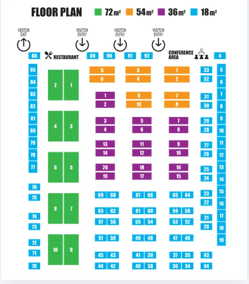 Plan indicatif des stands, entrées visiteurs, restaurant et espace conférences du Global Print Expo